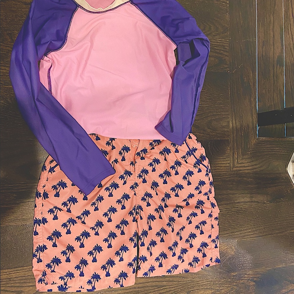 EGG SPF rash guard (S-6/7) & Andy & Evan swim trunks (6) w palm print.